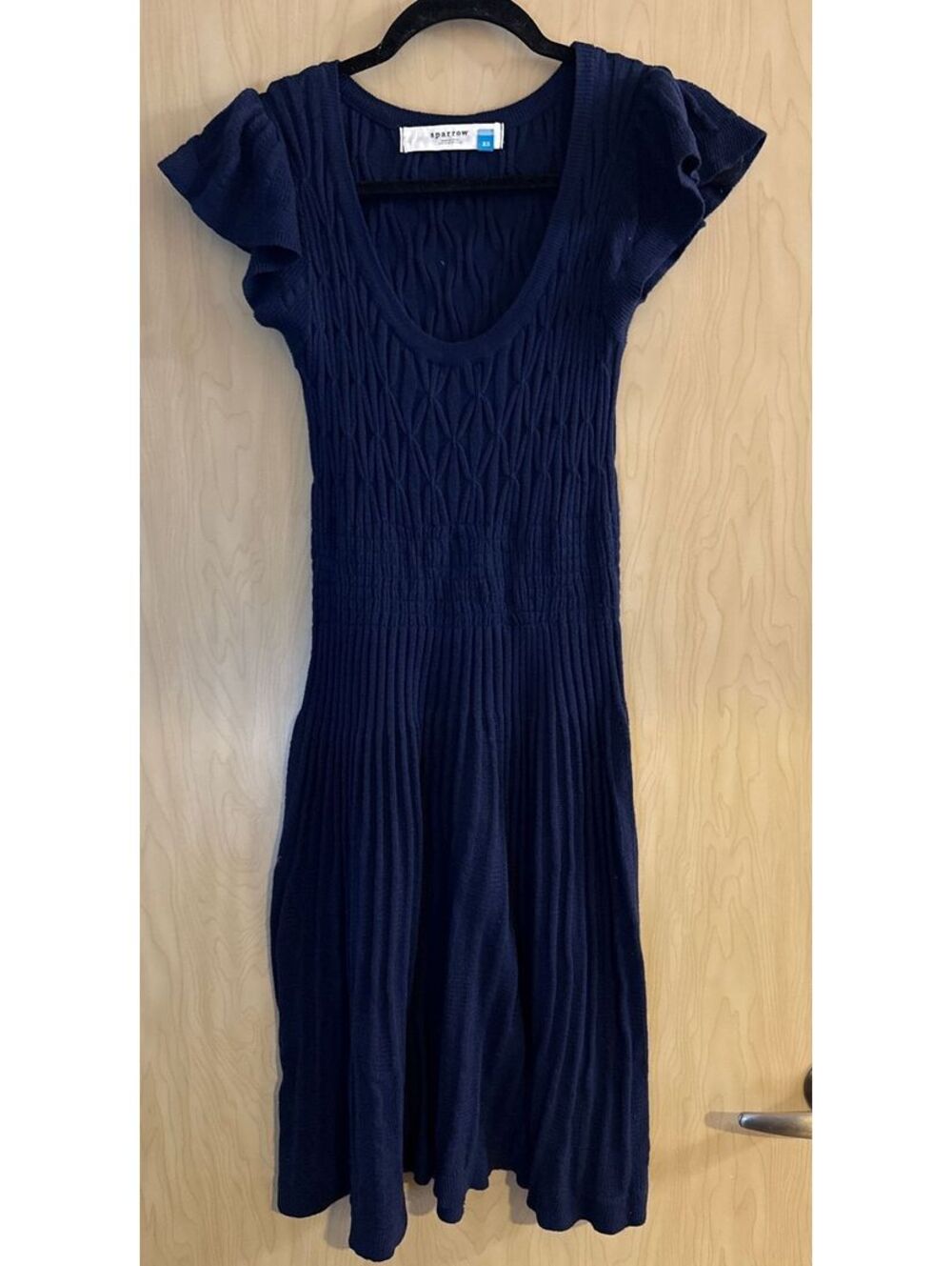 Anthropologie Sparrow navy blue knit dress scoop neck cap sleeve knee length XS